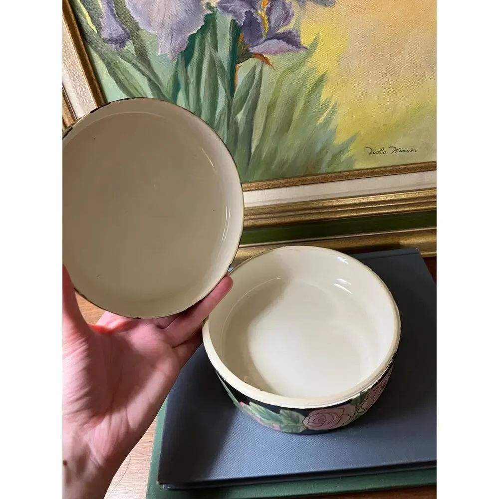 Vintage porcelain lidded trinket dish with floral pattern